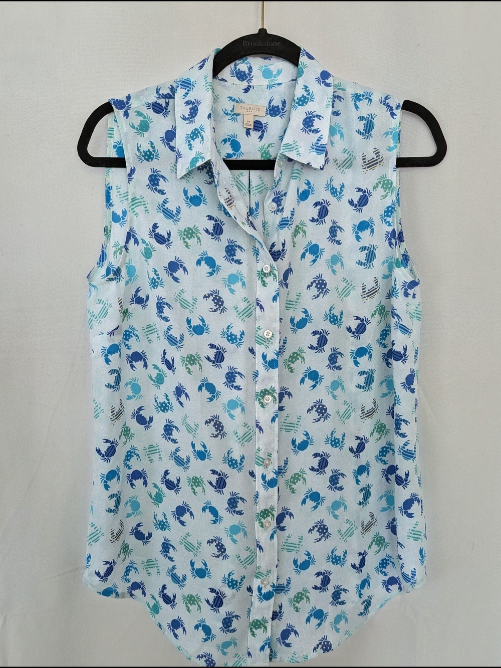 White Sleeveless Button Down with Blue & Teal Crab Print